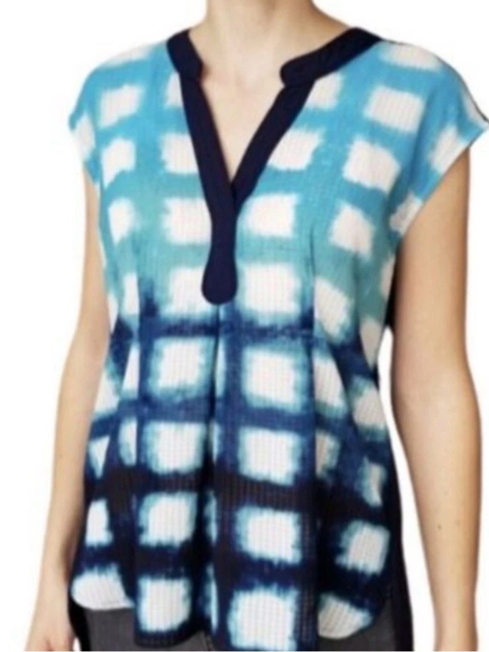 Anthropologie Blue and Navy Check Tie-Dye Tunic